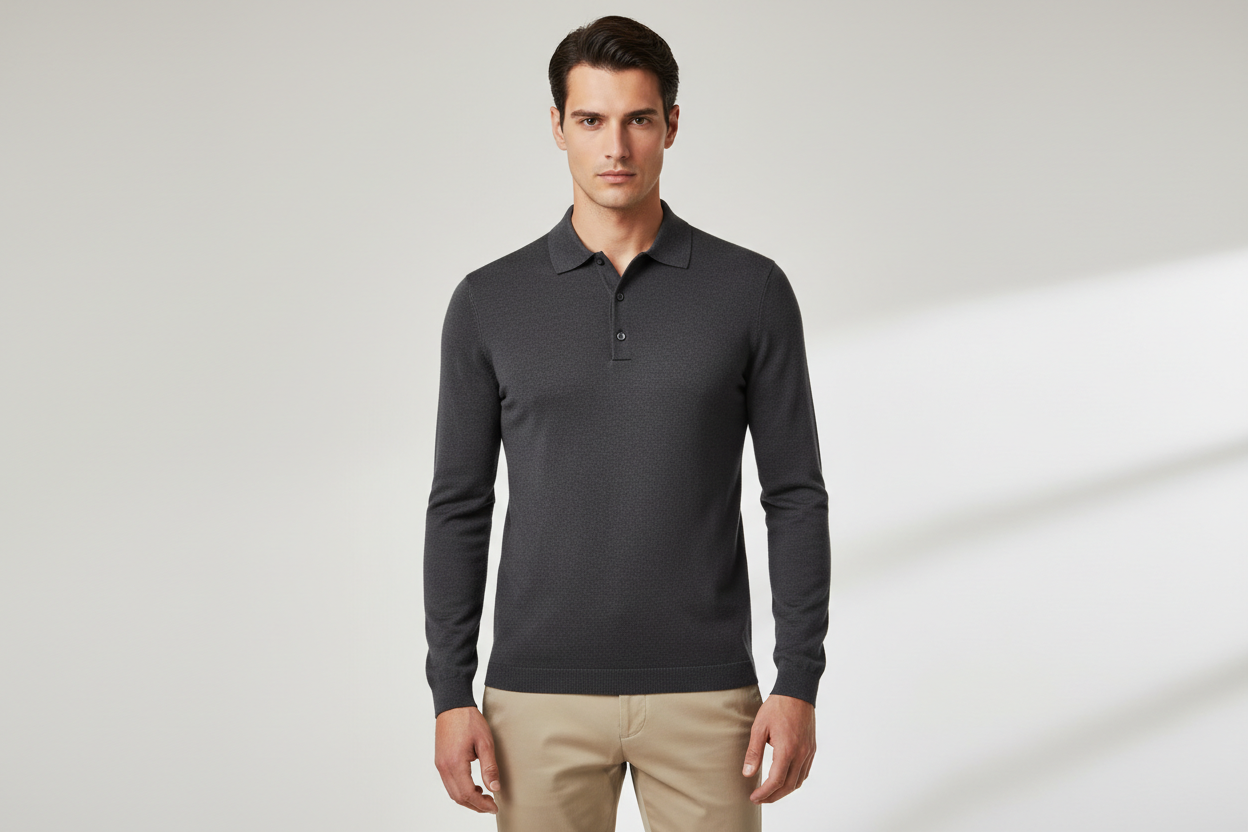 Polo grigio antracite in lana liscia indossata da modello