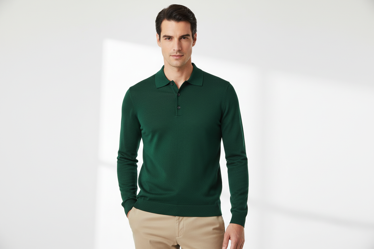 Polo verde bottiglia in lana liscia indossata da modello