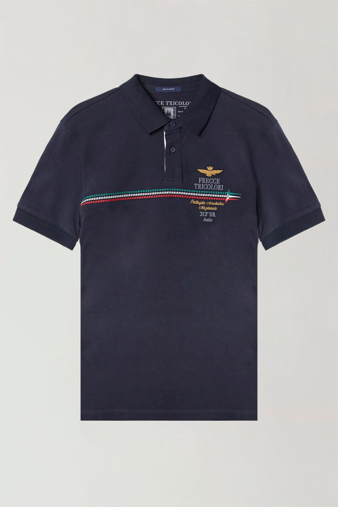 polo uomo blu cotone Aeronautica Militare Frecce Tricolori, manica corta , stile italiano, look casual, le scie ricamate sul petto