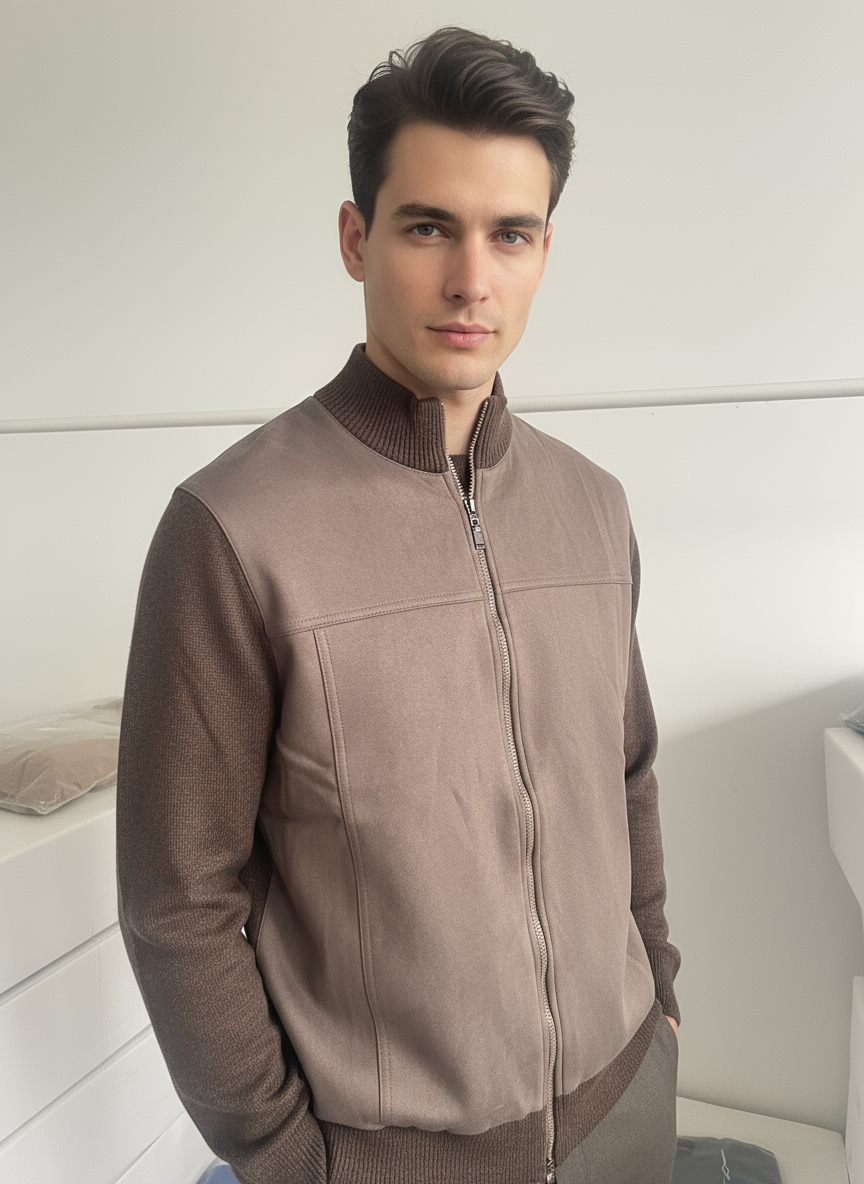 Primo piano modello con maglia full zip marrone