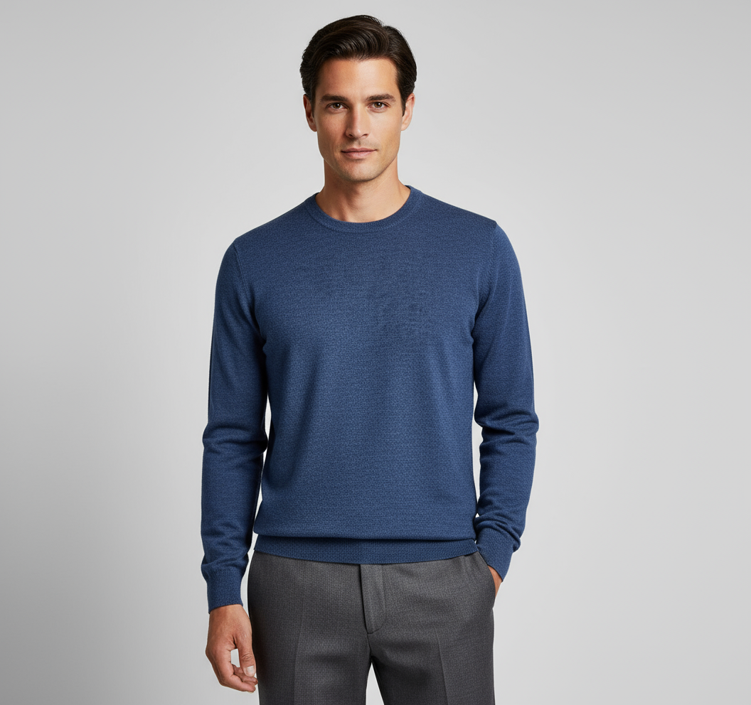 Primo piano uomo con maglione blu