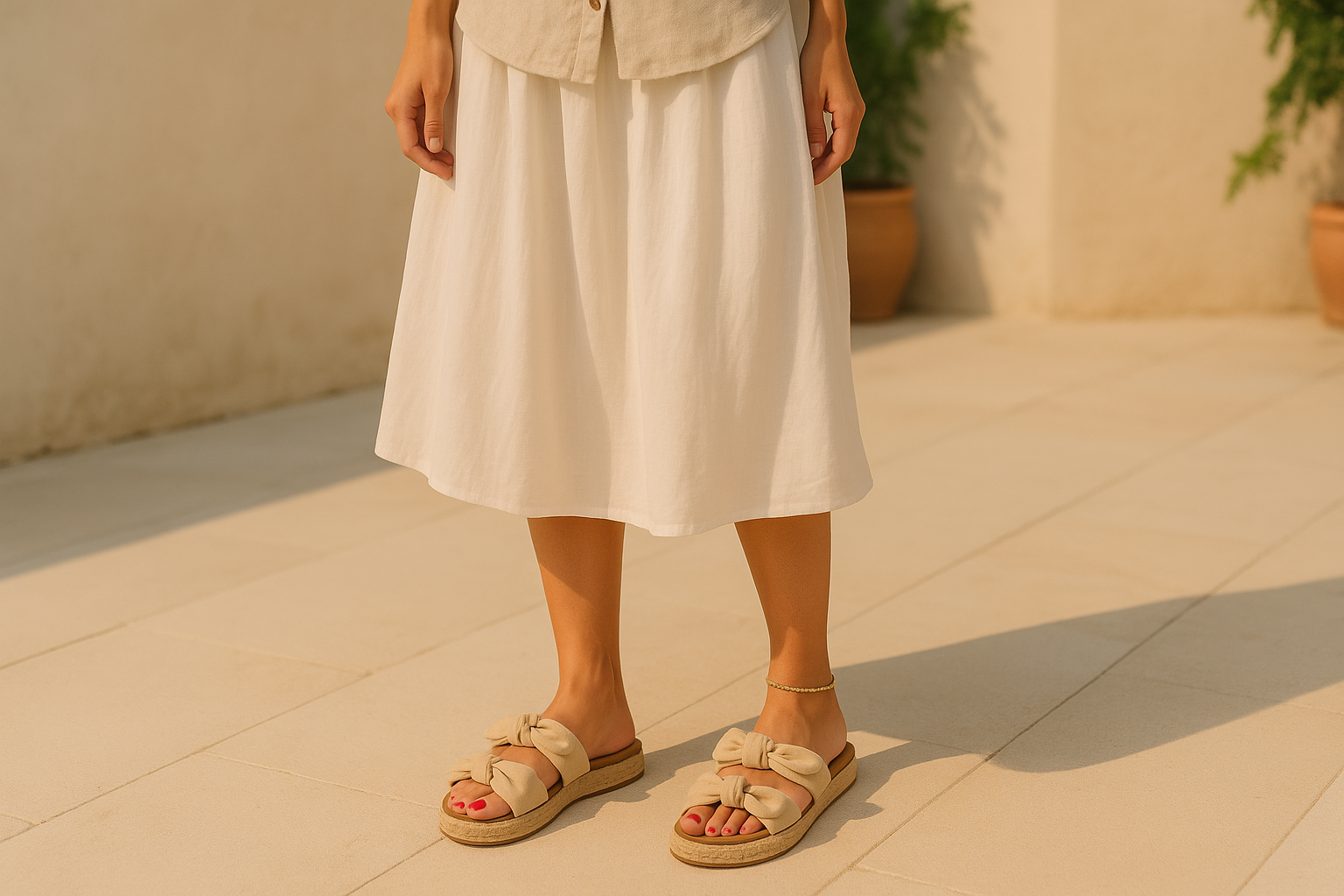 Sandali beige indossati con outfit estivo