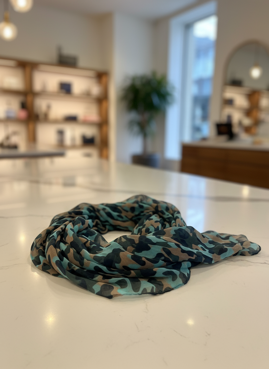 Sciarpa camouflage turchese sul banco