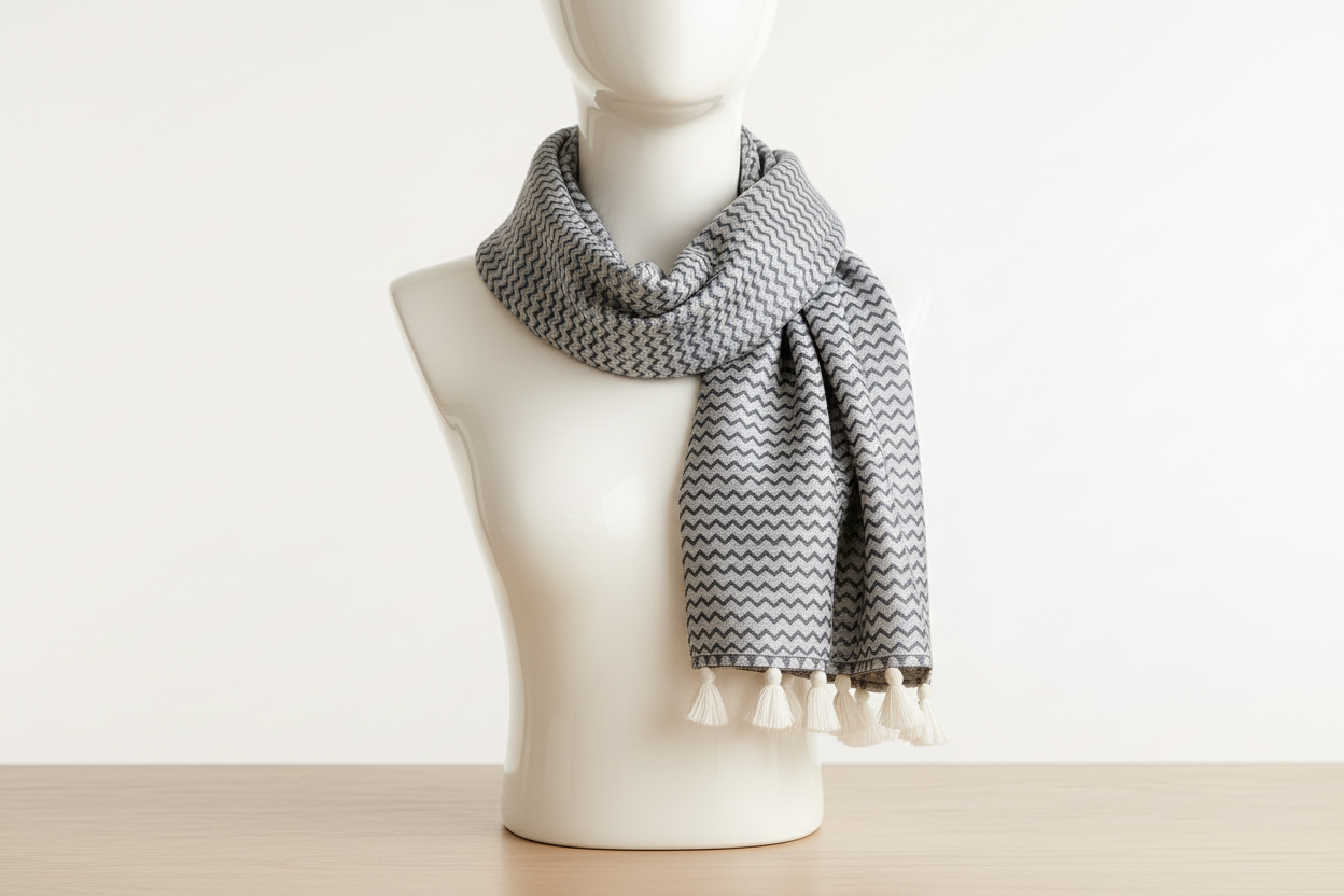Sciarpa zigzag grigia in poliestere in esposizione