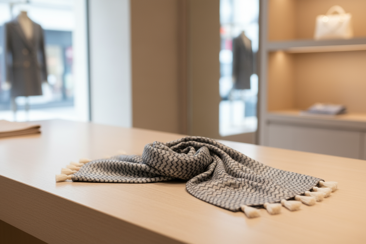 Sciarpa zigzag grigia in poliestere sul banco