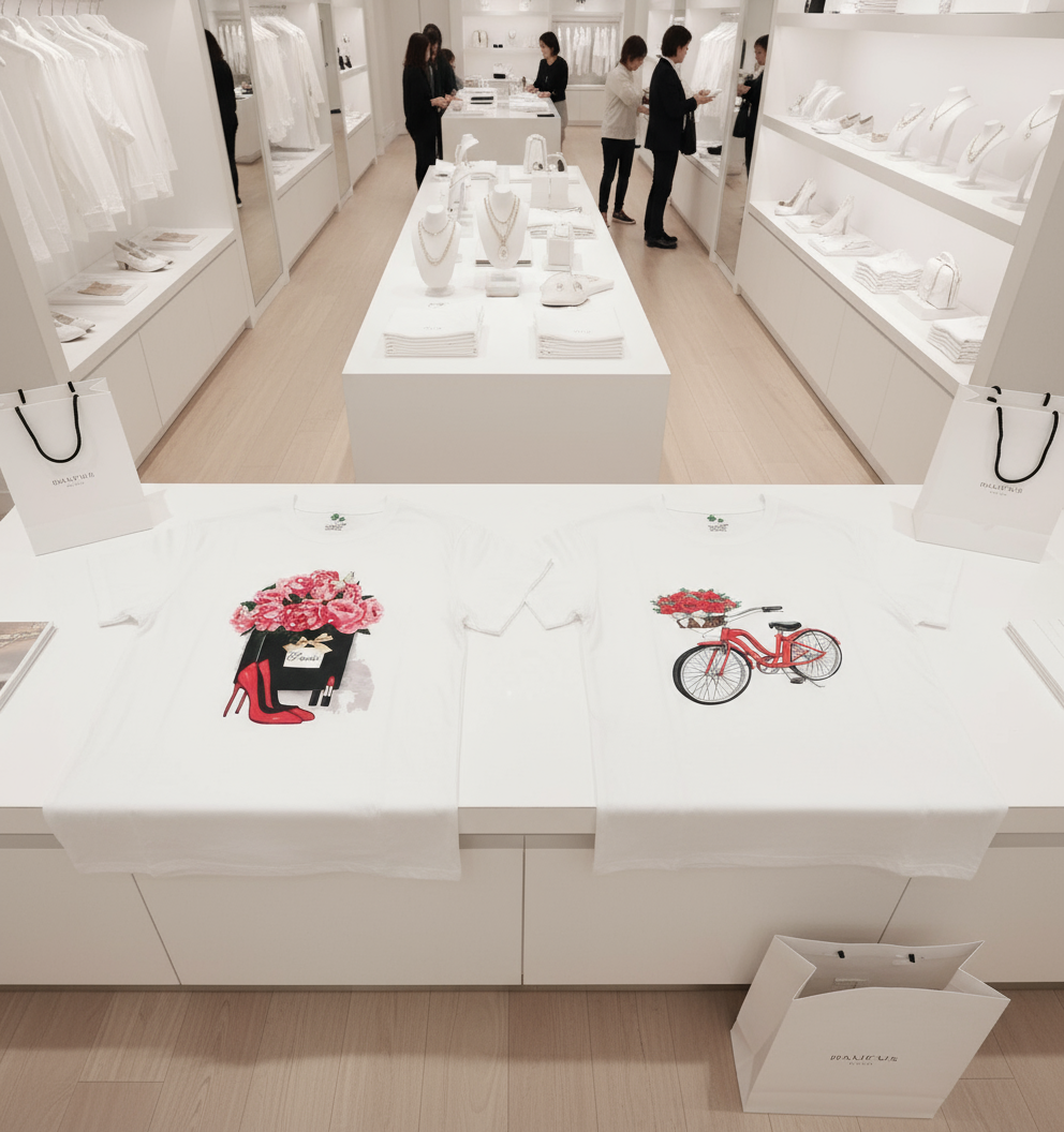 T-shirt aperte vista dall'alto in negozio