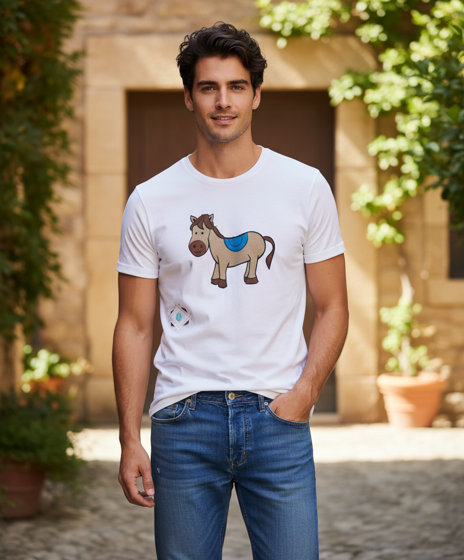 T-shirt bianca cavallino con jeans