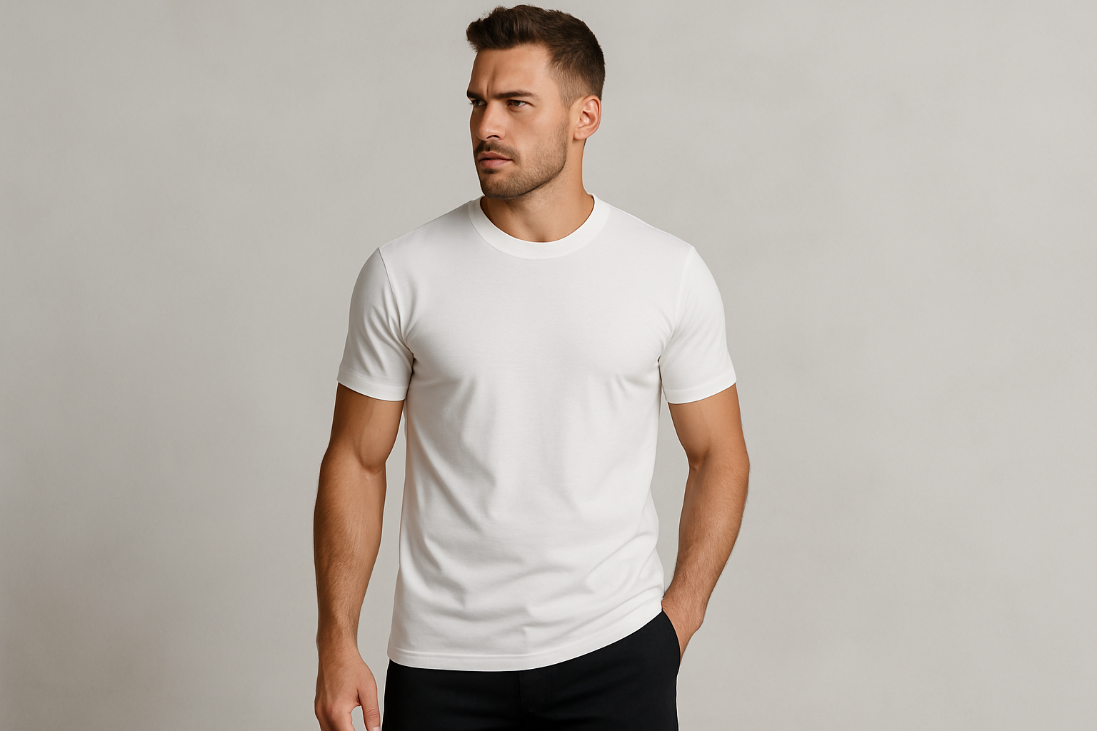 T-shirt bianca Uniform indossata da modello sportivo