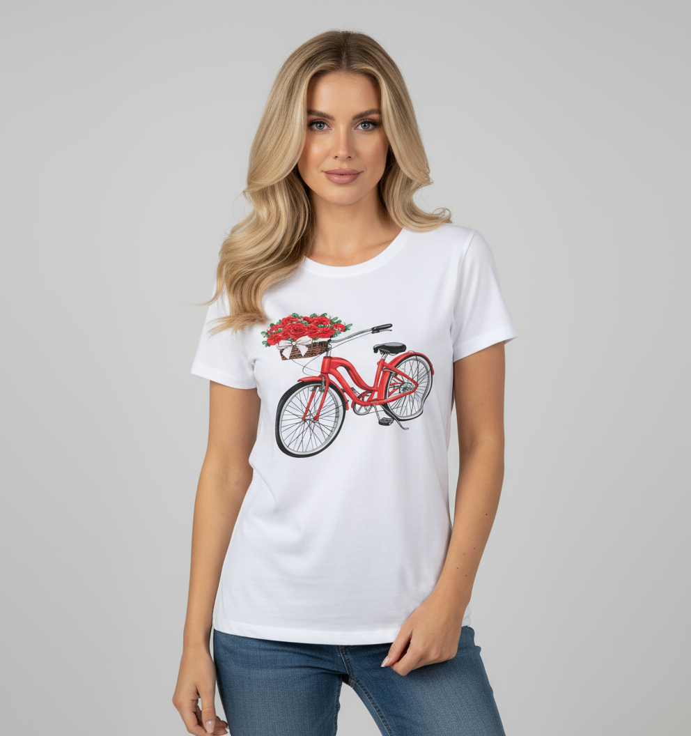 T-shirt bicicletta rossa con rose indossata