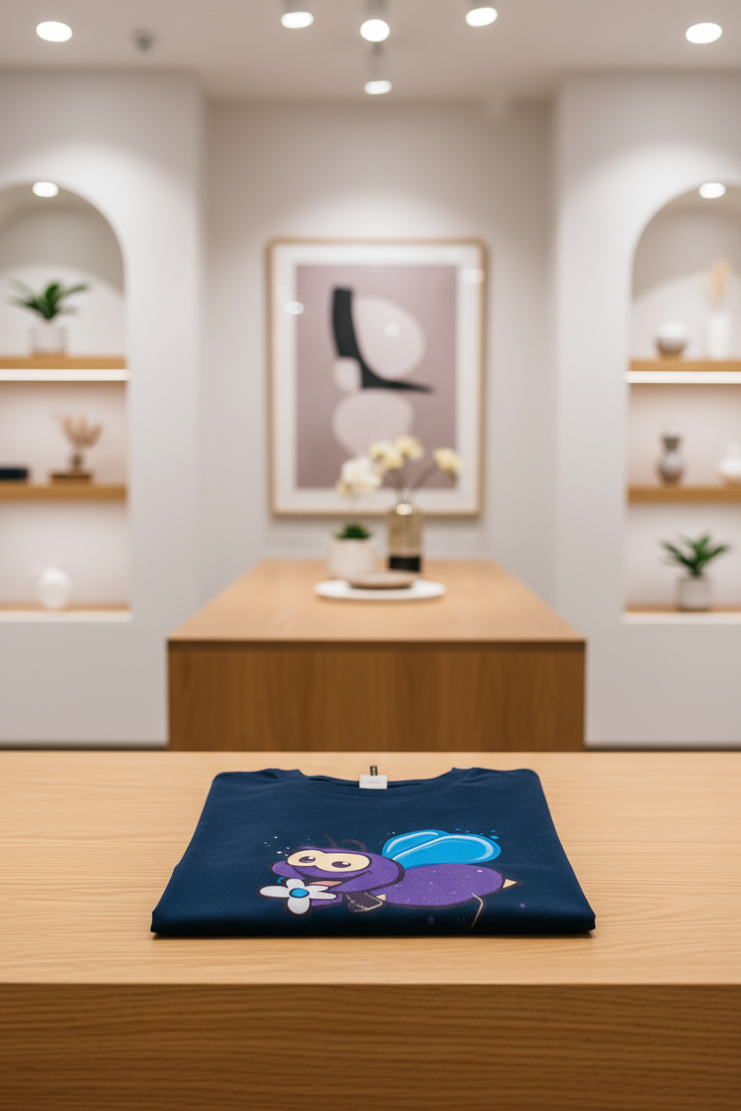 T-shirt blu ape esposta in negozio