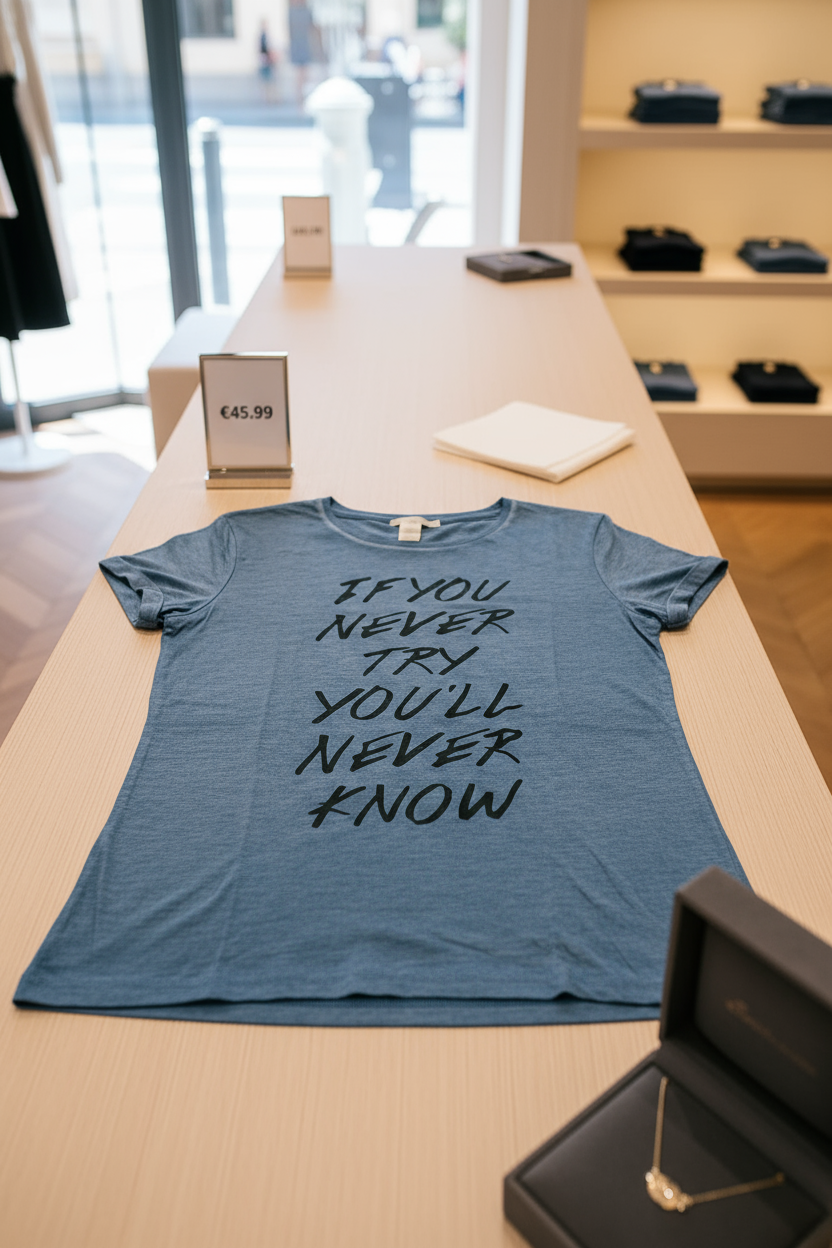 T-shirt blu aperta sul bancone del negozio