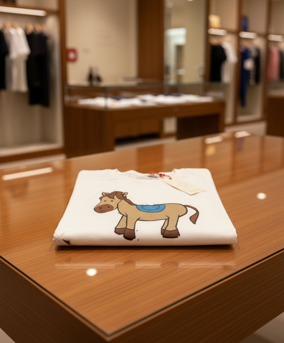 T-shirt esposta sul tavolo del negozio