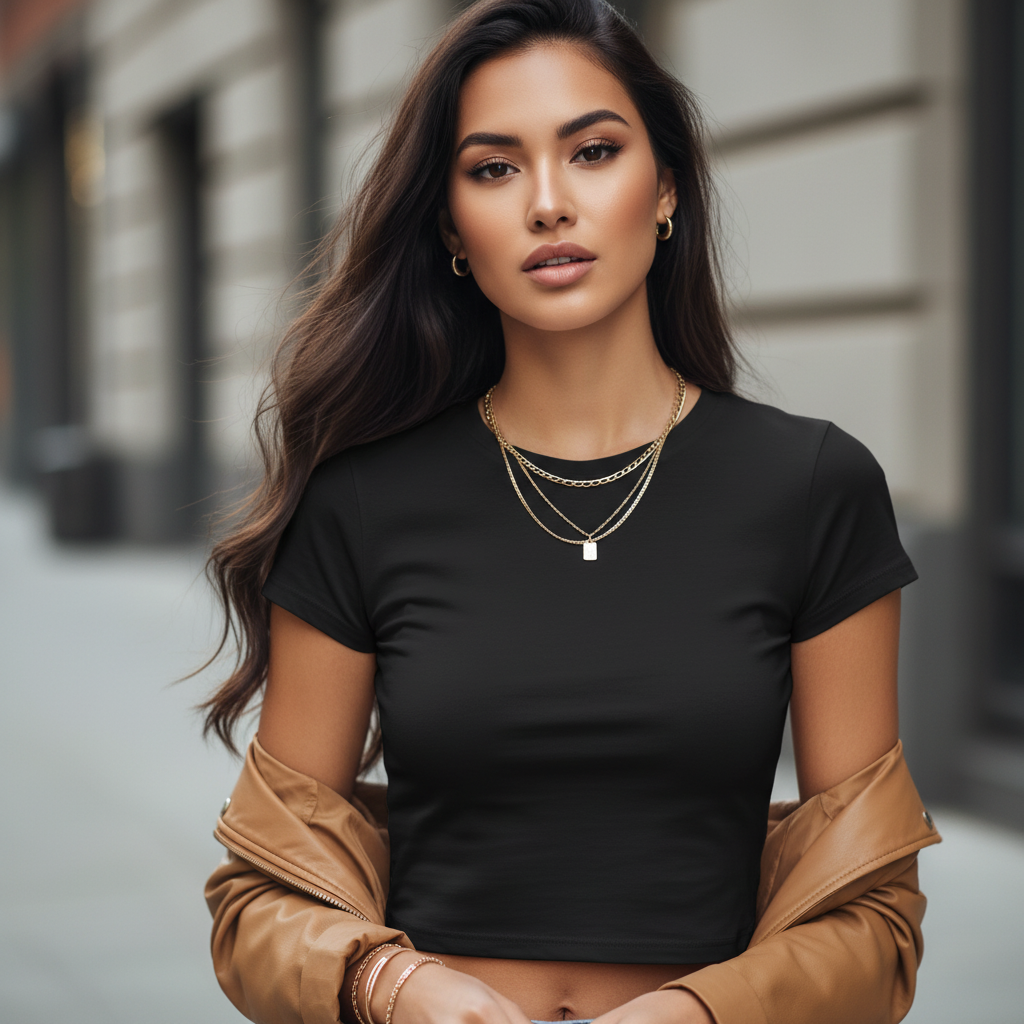 T-shirt nera primo piano con giubbino