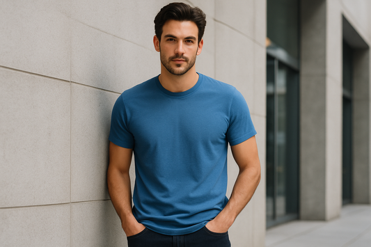 T-shirt uomo blu chiaro - posa dinamica accattivante