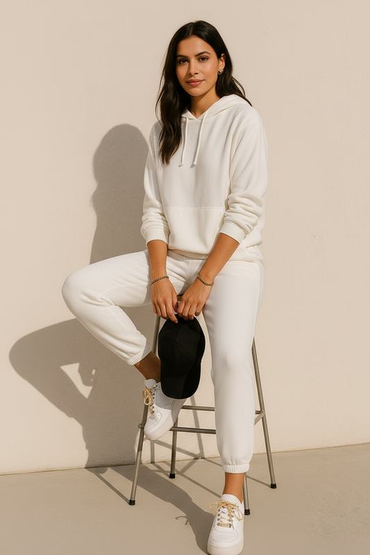 Tuta bianca donna posa seduta