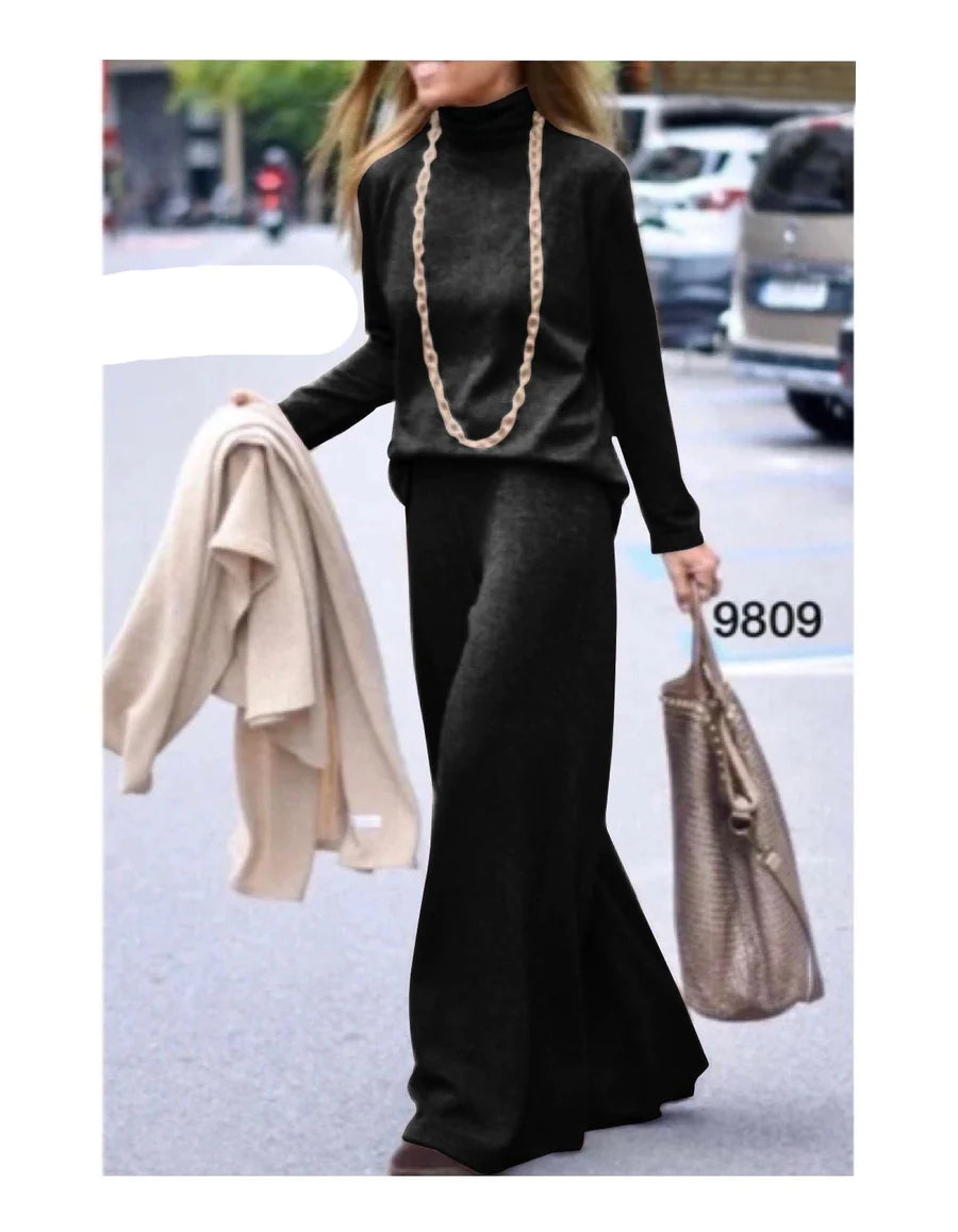 tuta donna completo maglia e pantaloni a palazzo in lana rasata colore nero