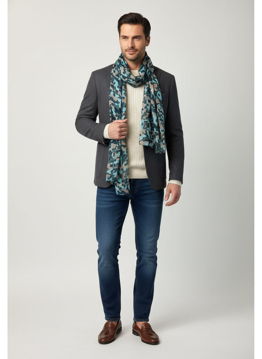 Uomo con sciarpa camouflage turchese
