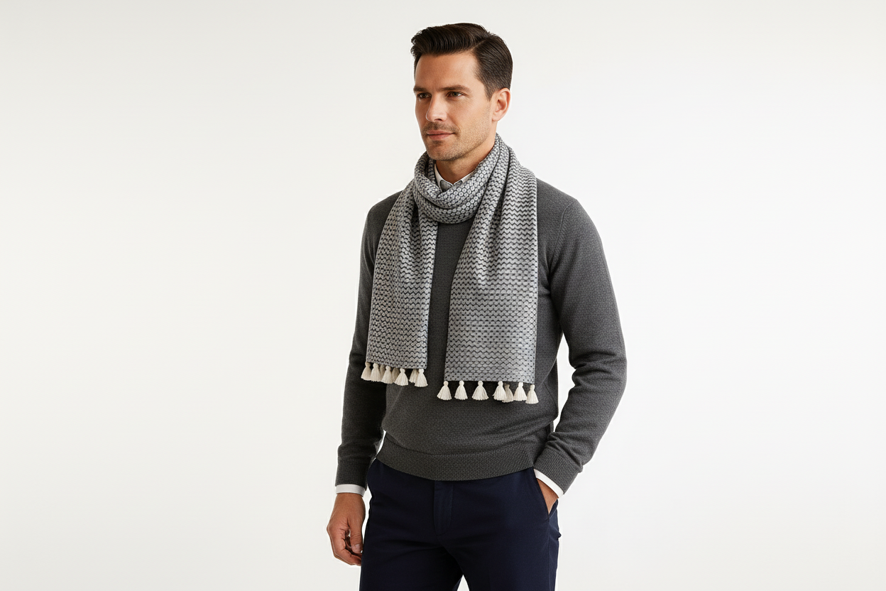 Uomo con sciarpa zigzag grigia in poliestere