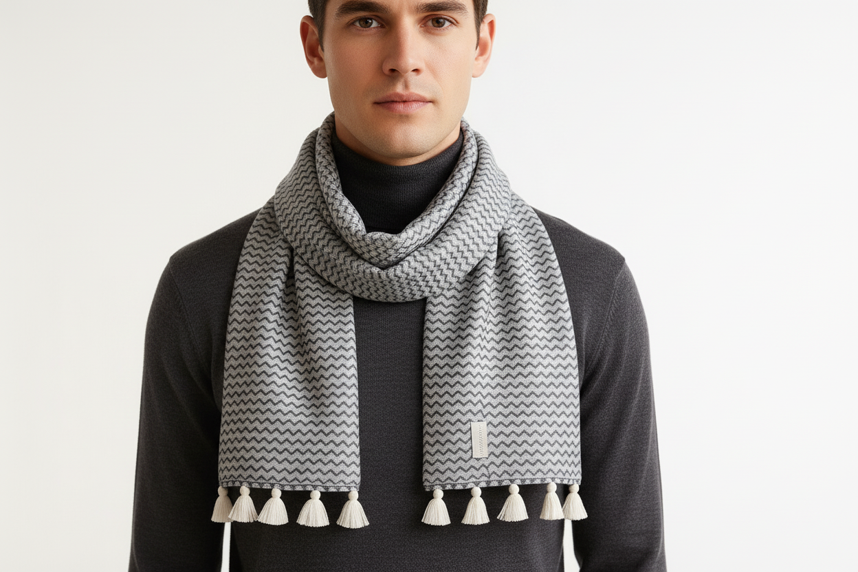 Uomo con sciarpa zigzag grigia