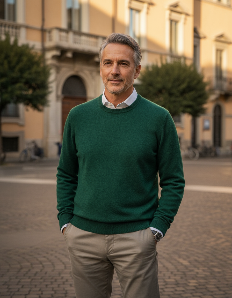Uomo elegante brizzolato con maglia verde