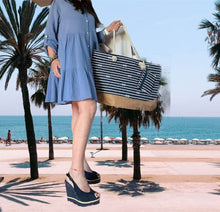 Carica l&#39;immagine nel visualizzatore di Gallery, Vestito donna Stile Positano Sc-50% abito a camicia nero e azzurro
