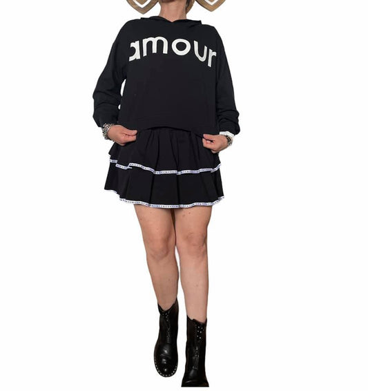 Completo Donna , tuta ragazza  SC-50%" Amour" felpa con cappuccio manica lunga e gonna colore Nero