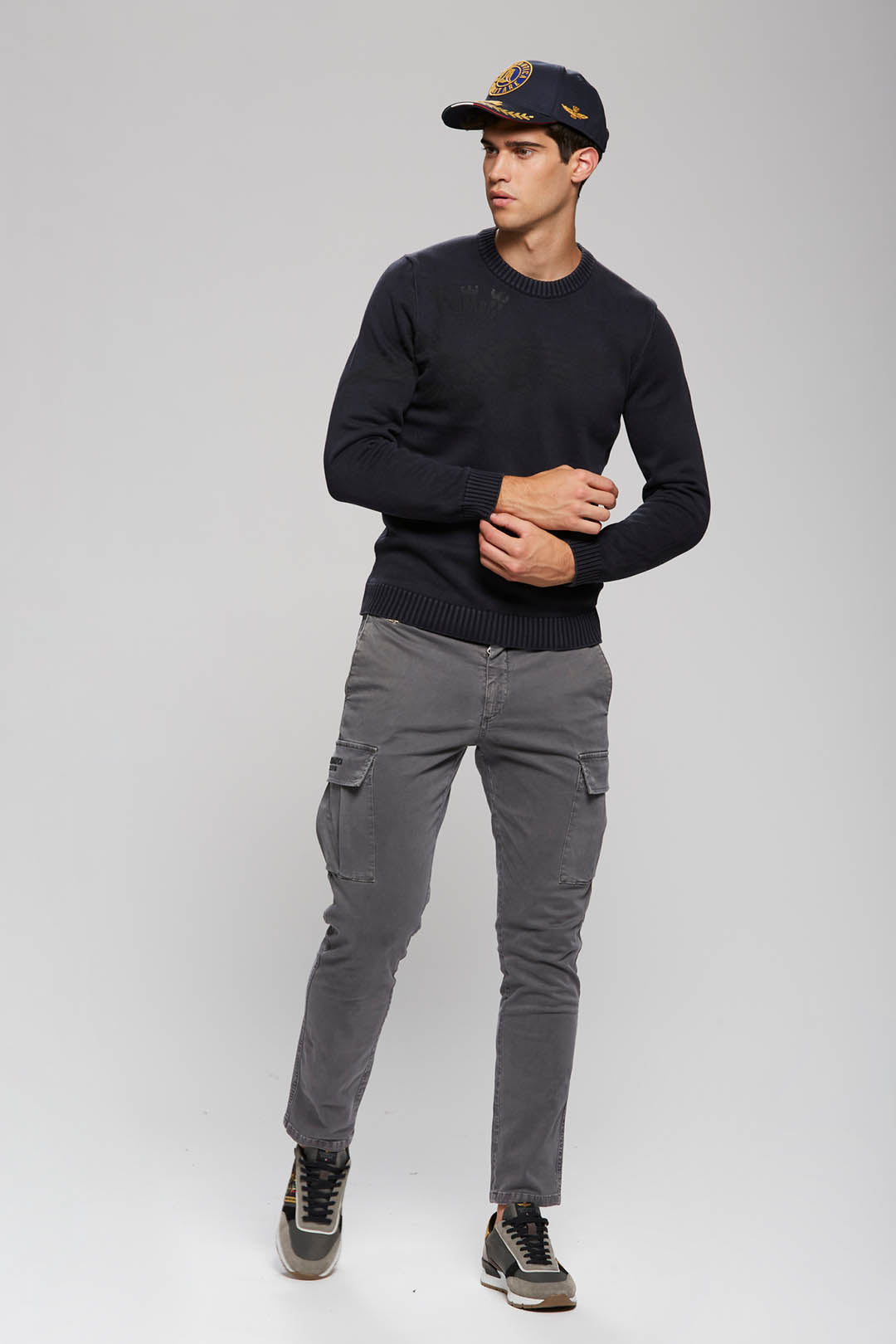 Aeronautica Militare maglia uomo blu navy pullover cotone girocollo, manica lunga di filo