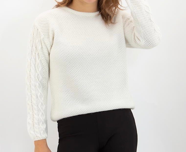 Cashmere Company maglia donna bianca girocollo lana e alpaca, Made in Italy , lavorazione punto canestro