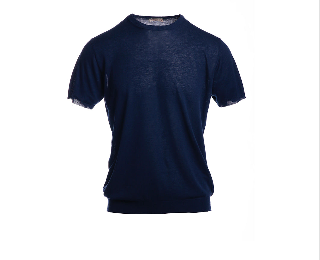 T-shirt Uomo blu Lino e cotone  Cashmere Company maglia  manica corta, girocollo Made in Italy, traspirante, sottile e leggera