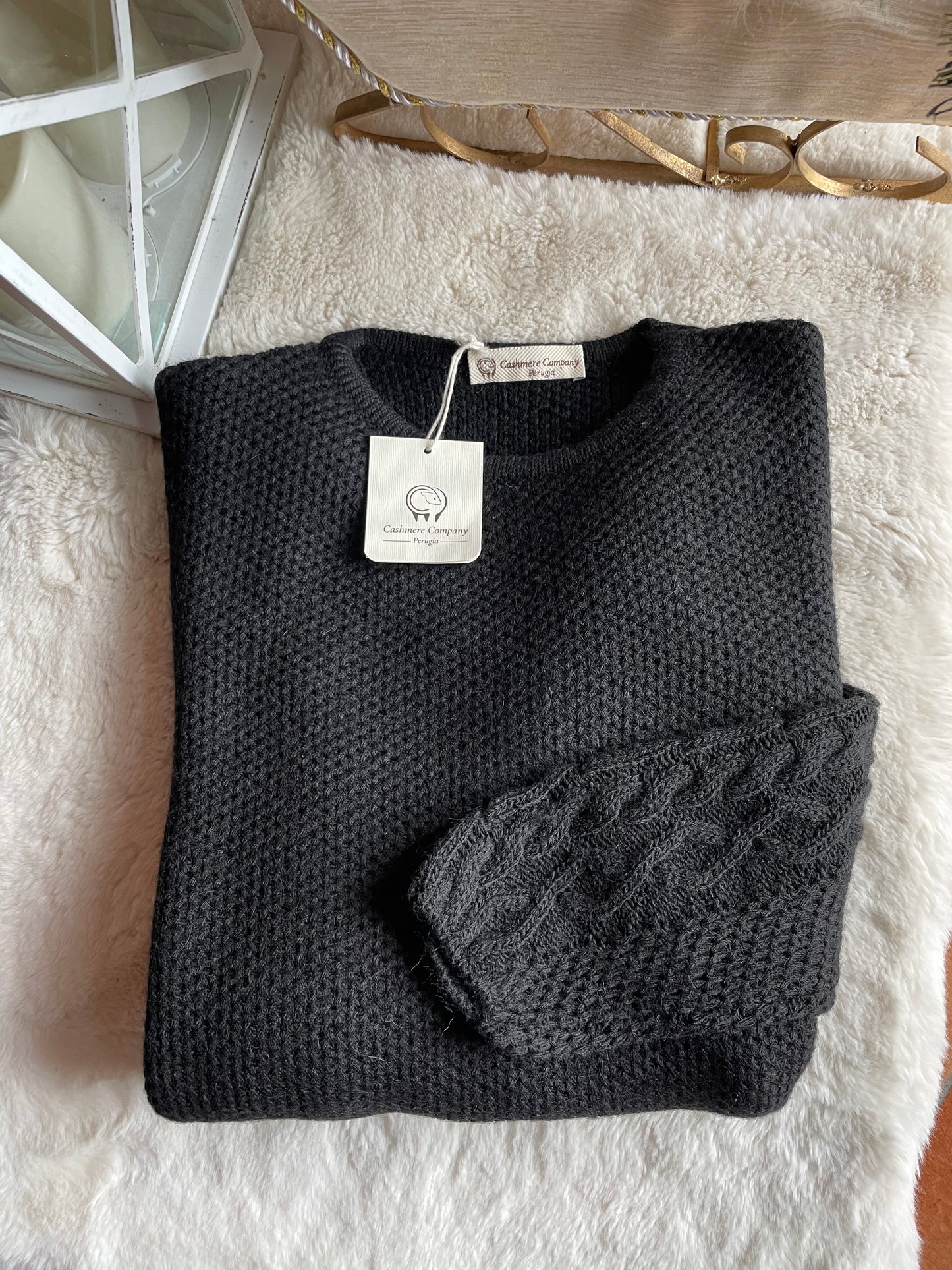 Cashmere Company maglia donna Nero girocollo punto canestro Made in Italy