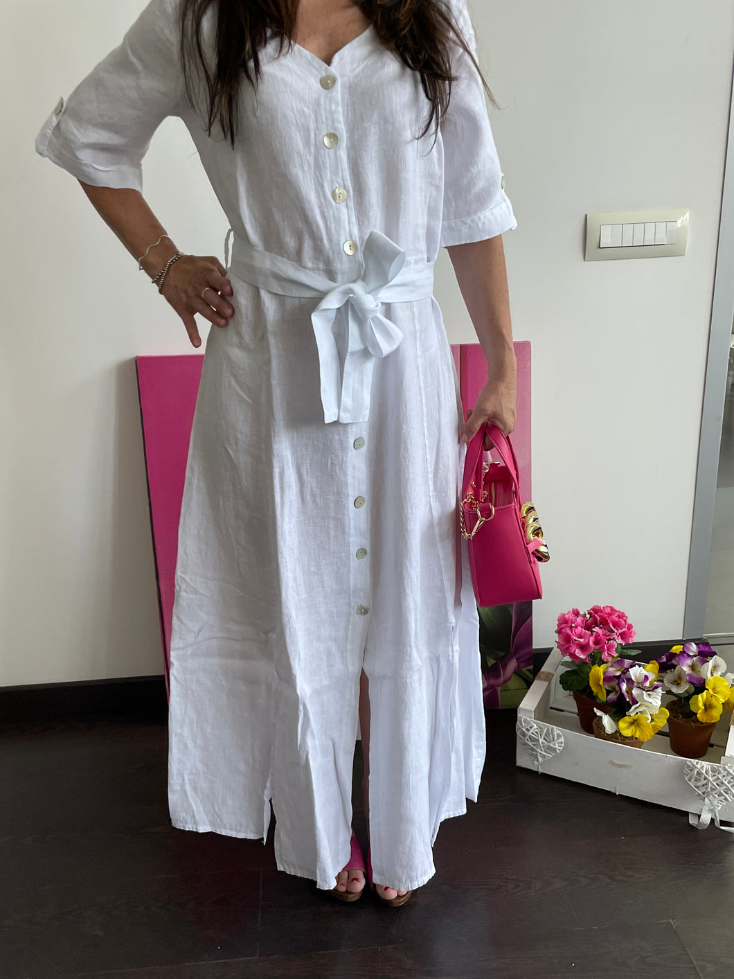 Vestito lungo donna Sc-50%  in lino  Abito Bianco o Marrone Cashmere Company Vestito Made in Italy