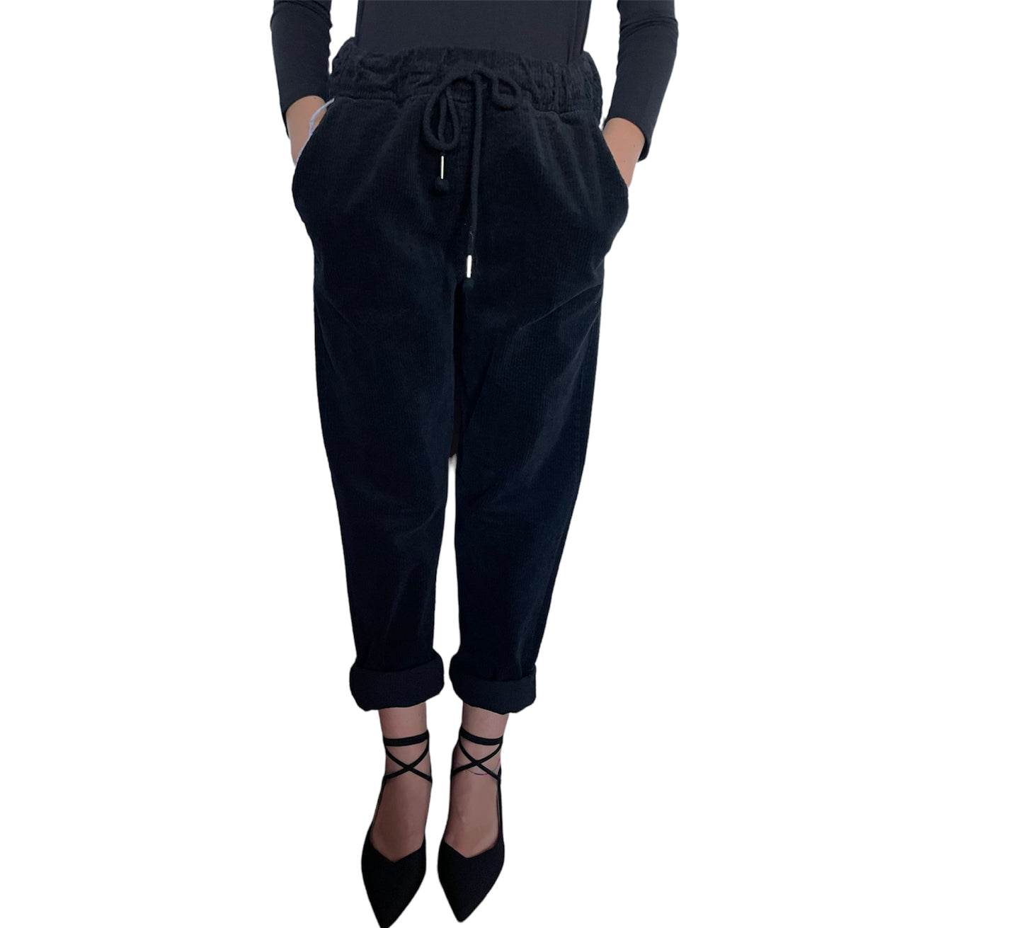 Pantalone Donna nero di velluto a coste SC-50% con laccetto e tasche