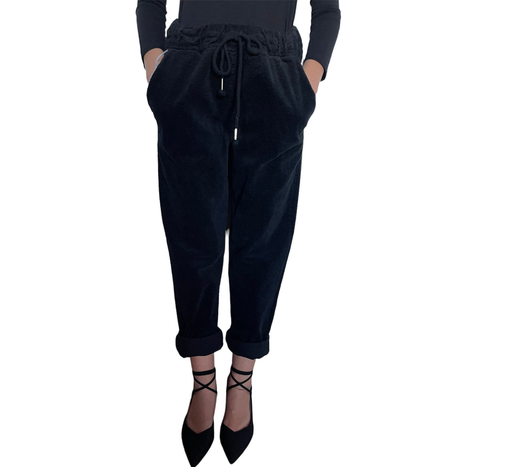 Pantalone Donna nero di velluto a coste SC-50% con laccetto e tasche