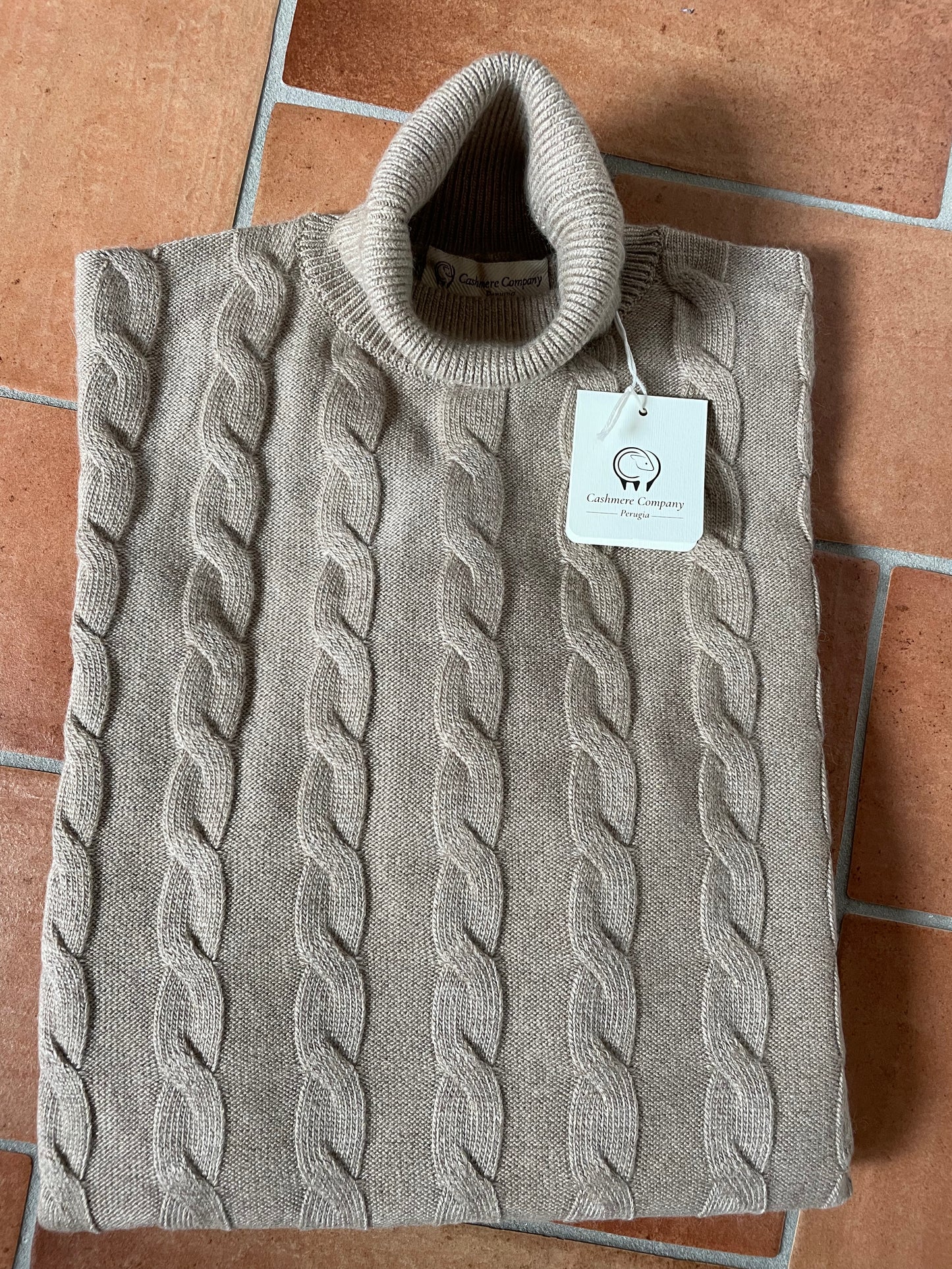 Cashmere Company maglia uomo Beige  dolcevita trecce  lana e Cashmere