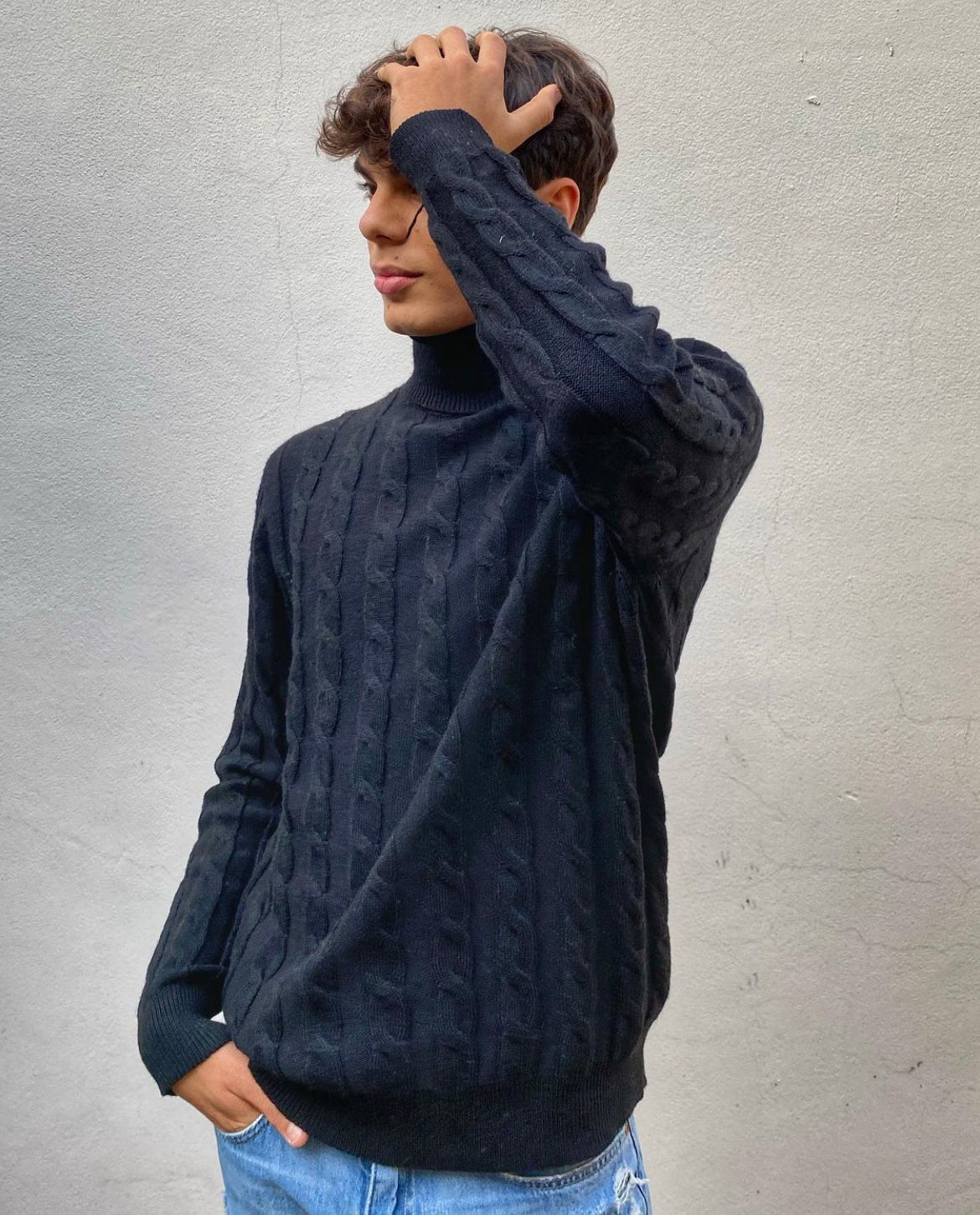 Cashmere Company maglia uomo Blu dolcevita trecce cashmere e lana pullover