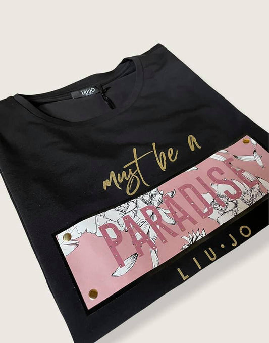 LIU JO Tshirt  donna nero Sc-50% manica corta girocollo “ Paradise"| Emme Fashion Store