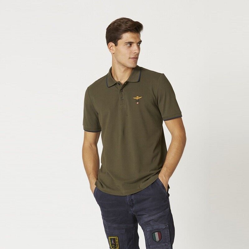 polo uomo verde militare aeronautica militare , manica corta , cotone, polo basic